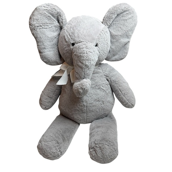 Pottery Barn Kids PBK Gray Elephant Beaded Feet Soft Grey Plush Bow Stuffed BIG - Picture 2 of 15